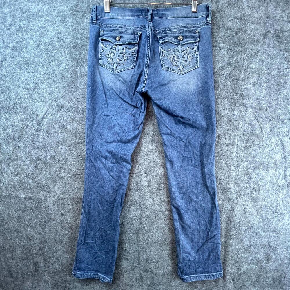 White House Black Market Jeans Womens 31 Blue Flap Pockets Y2K Embroidered Slim